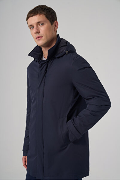 Morven Men's Navy Blue Trendy Hooded Collar Long Coat