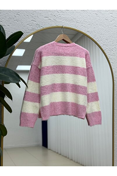 MİHRA STORE Fhiona Thick Striped Bearded Sweater-Zi̇7029 Pink