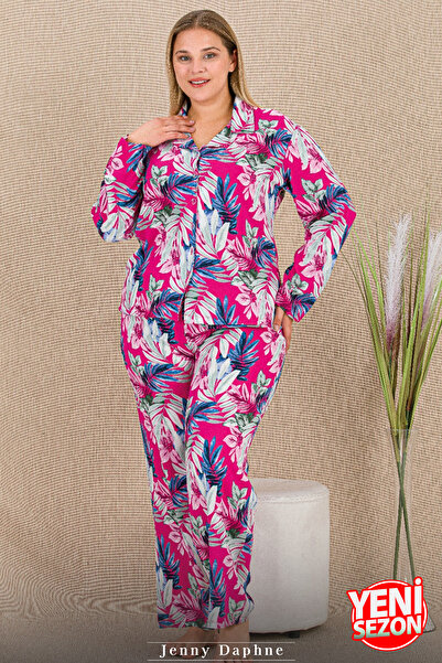 Jenny Daphne Warm Non-Sweaty Belmando Viscose Fabric Buttoned Top Plus Size Pajama Set