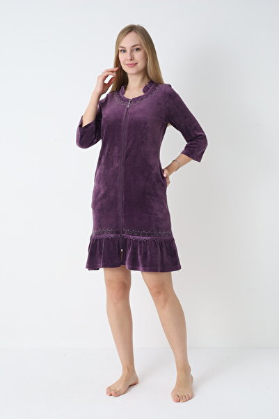 ROMEO LİFE Women's Cotton Velvet Zippered Winter Dress 3717