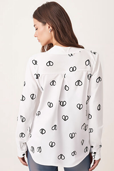 armonika Women's White Pleated Detail on the Back Single Pocket Patterned Long Sleeve Hijab Shirt Arm-26K001076