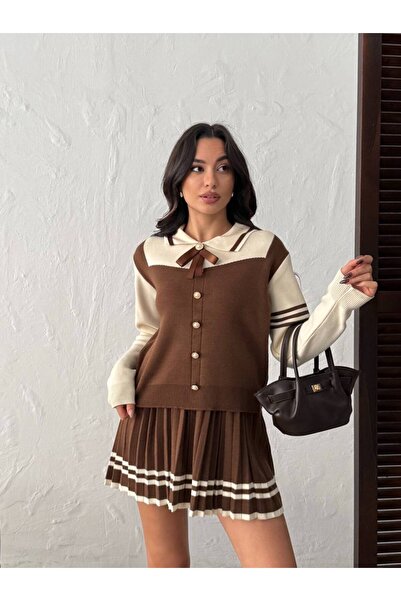 alenmoda Gold Buttoned Polo Neck Ribbon Detailed Knitwear Bottom-Top Set