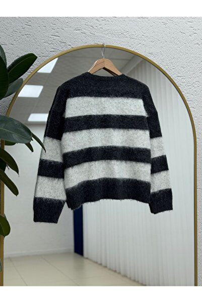 MİHRA STORE Fhiona Thick Striped Bearded Sweater-Zi̇7029 Anthracite