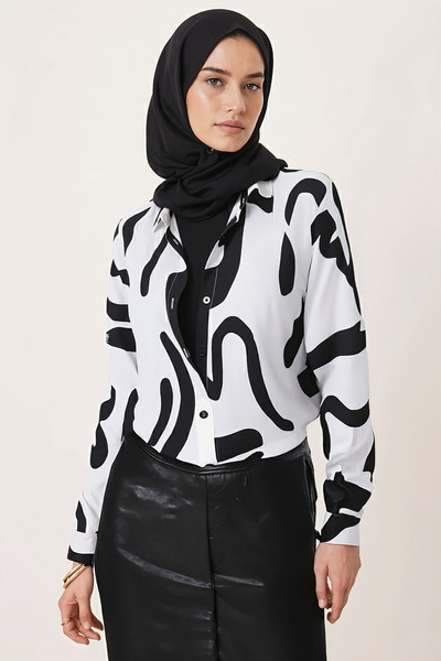 armonika Women's White-Black Patterned Long Sleeve Hijab Shirt Arm-26K001071