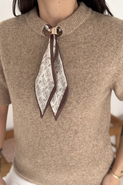 Noa Noa Women's Short Sleeve Scarf Detailed Knitwear Sweater – Soft Elegance