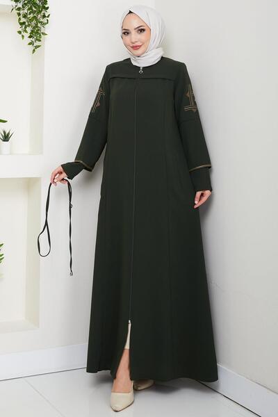 hafsamina Lace-Up Sleeve Embroidered Ferace Khaki Hm2854