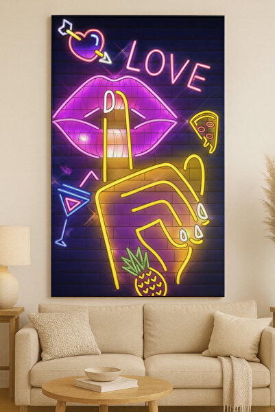 BLT DİZAYN Colorful Neon Lip and Hand Gesture Glass Painting – Frameless Modern Design