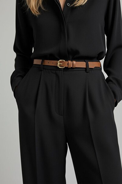 Gesa Women's Gold Buckle Thin 2-Piece Set Belt Black-Tan