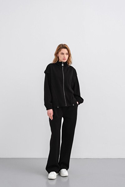 Basicpark Black Women's Pique Textured Waist Adjustable Zipper Detailed Wide Leg Top and Bottom Set