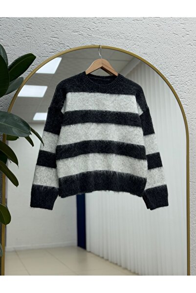 MİHRA STORE Fhiona Thick Striped Bearded Sweater-Zi̇7029 Anthracite
