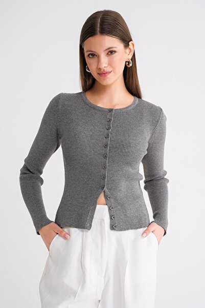 Mixray 6931 Women's Buttoned Corded Fabric Knitwear Cardigan Gray