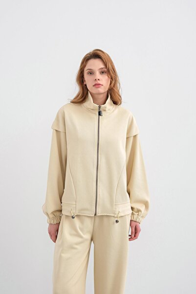 Basicpark Yellow Women's Pique Textured Waist Adjustable Zipper Detailed Wide Leg Top and Bottom Set