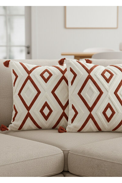 Destiva Home Buldan İşi Ethnic Geometric Patterned Tasseled Punch 2 Piece Throw Pillow Cover (42X42Cm)