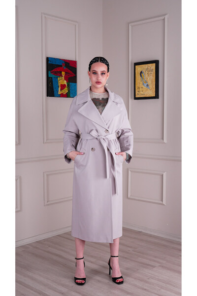 KENT Açık Gri Rengi Kuşaklı Pamuklu Astarlı Uzun Trençkot