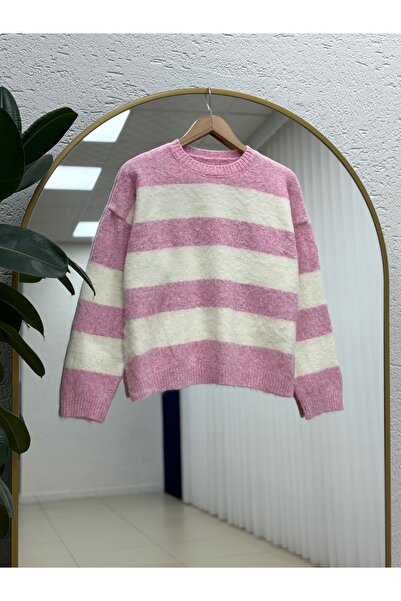 MİHRA STORE Fhiona Thick Striped Bearded Sweater-Zi̇7029 Pink
