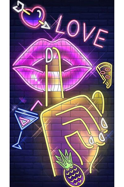 BLT DİZAYN Colorful Neon Lip and Hand Gesture Glass Painting – Frameless Modern Design