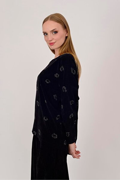 Park Moda 25584 Stone Embroidered Taupe Velvet Blouse