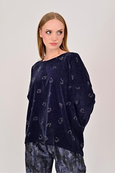 Park Moda 25584 Stone Embroidered Taupe Velvet Blouse