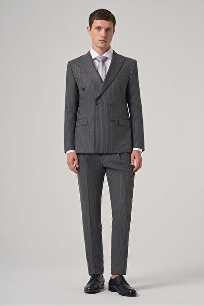 Morven Men's Smoked Polyviscon Trend Striped Slim Fit Double-Breasted Suit