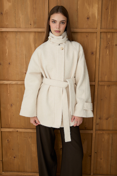 JASTE Women's Mock Neck Button Belted Cashmere Coat