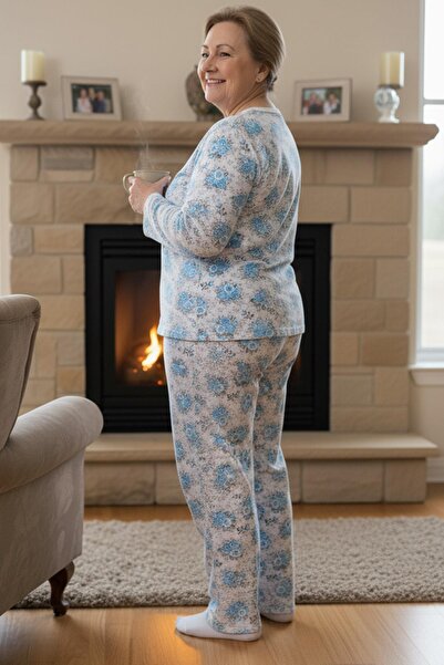 Niket Life Women's Patterned Piping Collar Long Sleeve Long Length Combed Cotton Mother Pajama Set