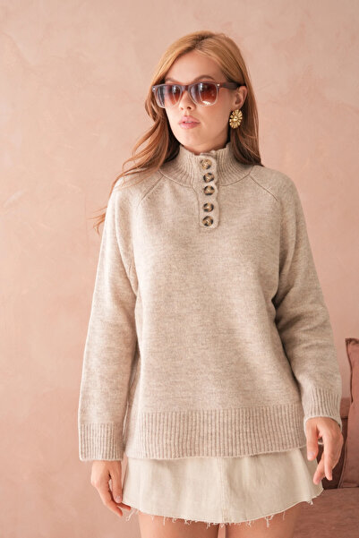 Park Karon سترة تريكو نسائية بتفاصيل ياقة مرتفعة متوسطة الطول أزرار قصة فضفاضة