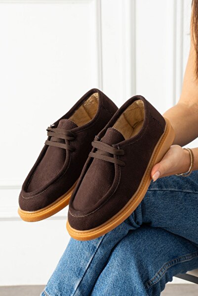 FUGA MODA Vareon Brown Suede Lace-Up Loafer Ballet Casual Shoes with Thick Saddle Detail