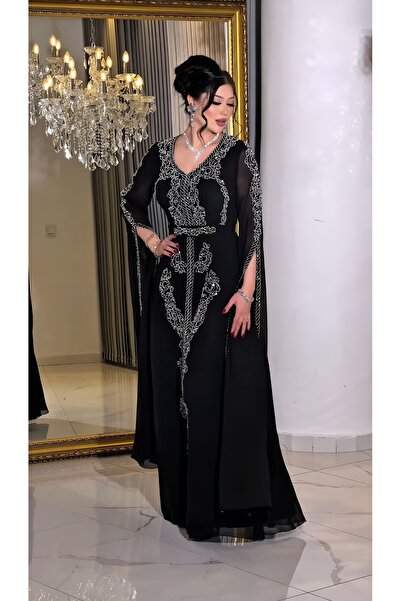 NHMODA V-Neck Embroidered Cape Sleeve A-Line Evening Dress