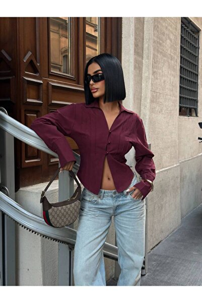 MY DEPO Women's Button Detail Low-Cut Sleeve Cuffed Poplin Shirt with Stitching