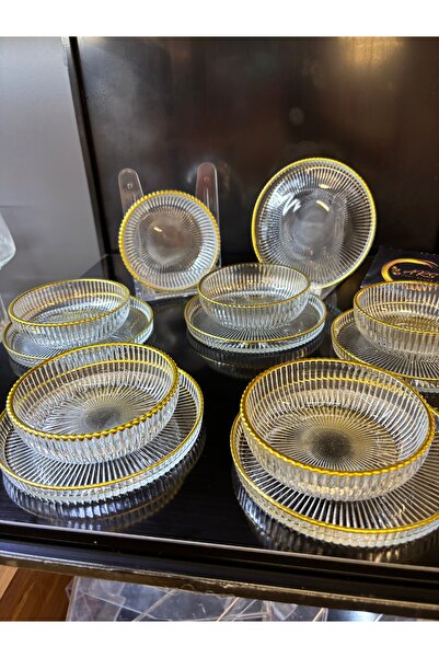 ARS HOME DEKOR Yaldızlı 6 Kişilik 12 parça Çerez Takımı, Kase Tabak Çerez seti, Çizgili kase Tabak, Servislik