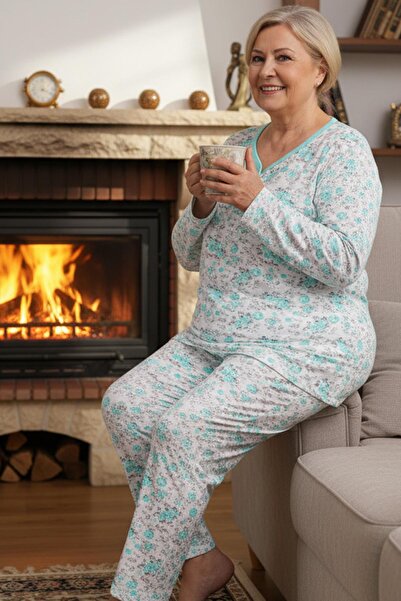 Niket Life Women's Patterned Piping Collar Long Sleeve Long Length Combed Cotton Mother Pajama Set
