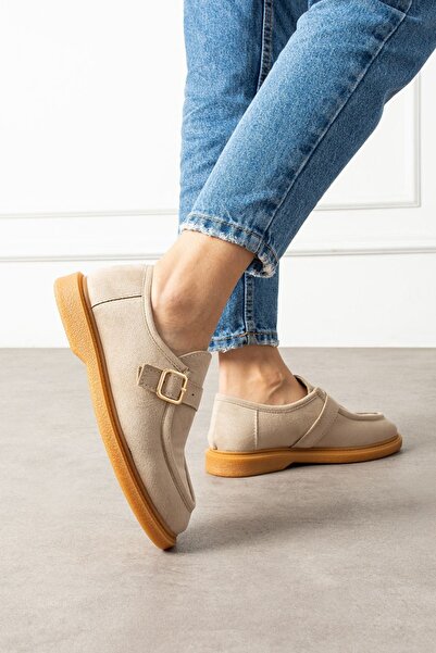 FUGA MODA Loriva Beige Suede Belted Gold Buckle Thick Saddle Detailed Loafer Ballet Casual Shoes