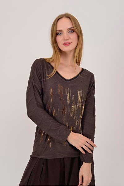 Park Moda 12055 Lurex Detail V-Neck Thin Knitted Blouse