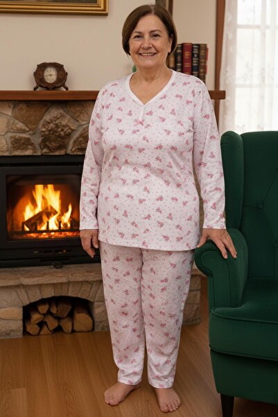 Niket Life Women's Patterned Piping Collar Long Sleeve Long Length Combed Cotton Mother Pajama Set