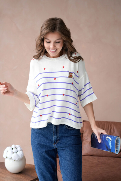 Park Karon Women's Crew Neck Embroidery Detail Striped Knitwear Sweater