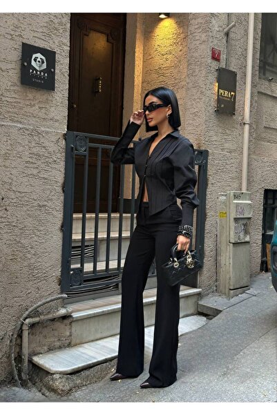 MY DEPO Cămașă din poplin pentru femei, cu detaliu cu nasturi, cu mâneci decoltate, cu cusături în relief