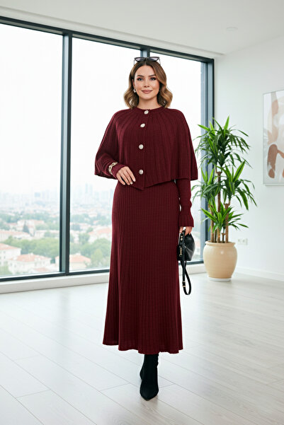 FERHEL Buttoned Cape & Knitwear Dress Hijab Two-Piece Set