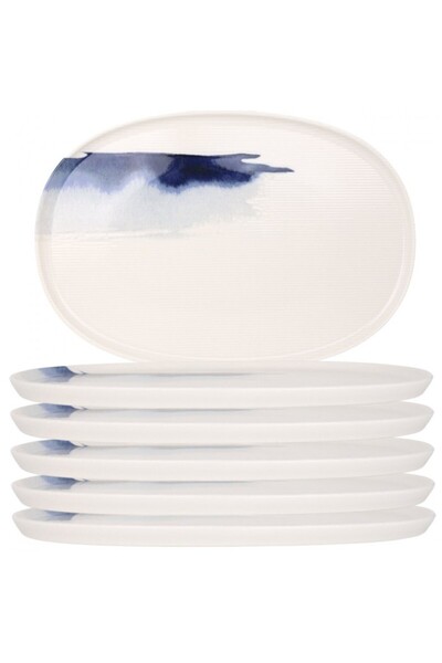 Bonna Set of 6 oval plates 34cm Bluie Wave made of porcelain