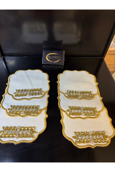 ARS HOME DEKOR White with Gold Stones 6-Piece Presentation Napkin, Cocktail Napkin with Stripe Stones