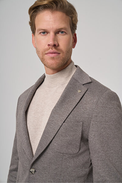 Morven Men's Gray Knitted Trend Patterned Slim Fit Mono Collar Jacket