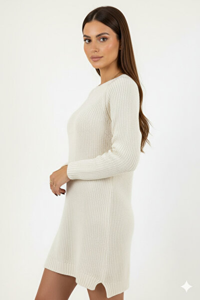 Millionaire Women's Ecru Off-White Crew Neck Long Tunic Dress Thick Knit Italian Sleeve Y Slit Knitwear Sweater