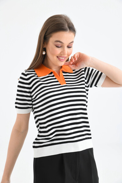 Park Karon    Women's Polo Neck Striped Knitwear Sweater