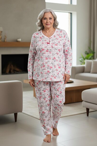 Niket Life Women's Patterned Piping Collar Long Sleeve Long Length Combed Cotton Mother Pajama Set