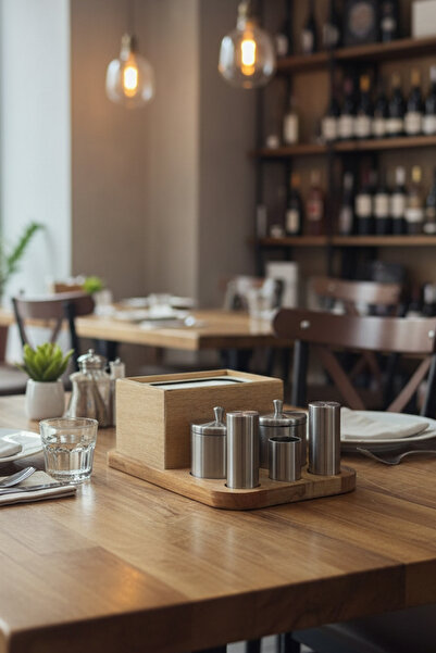 FİTHOME Full Set Solid Wood Hotel Restaurant Cafe Diner Seasoning Jar Salt Shaker Tableware Set Stainless Steel