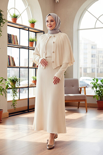 FERHEL Buttoned Cape & Knitwear Dress Hijab Two-Piece Set