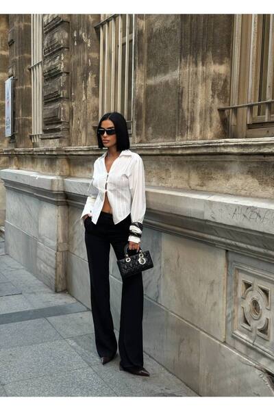 MY DEPO Women's Button Detail Low-Cut Sleeve Cuffed Poplin Shirt with Stitching