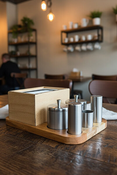 FİTHOME Full Set Solid Wood Hotel Restaurant Cafe Diner Seasoning Jar Salt Shaker Tableware Set Stainless Steel