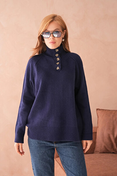 Park Karon سترة تريكو نسائية بتفاصيل ياقة مرتفعة متوسطة الطول أزرار قصة فضفاضة