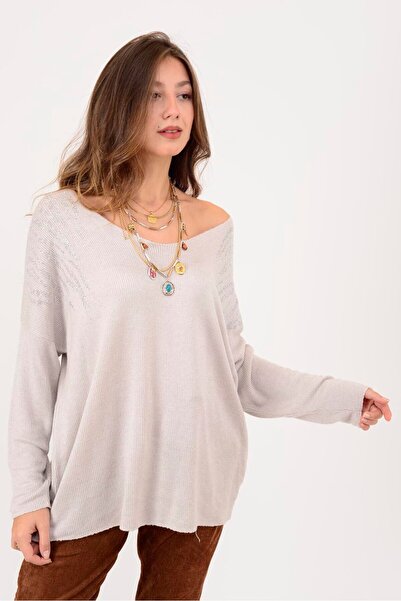 Park Moda 71132 Stone Embroidered V-Neck Thin Knitted Blouse