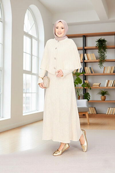 FERHEL Buttoned Cape & Knitwear Dress Hijab Two-Piece Set